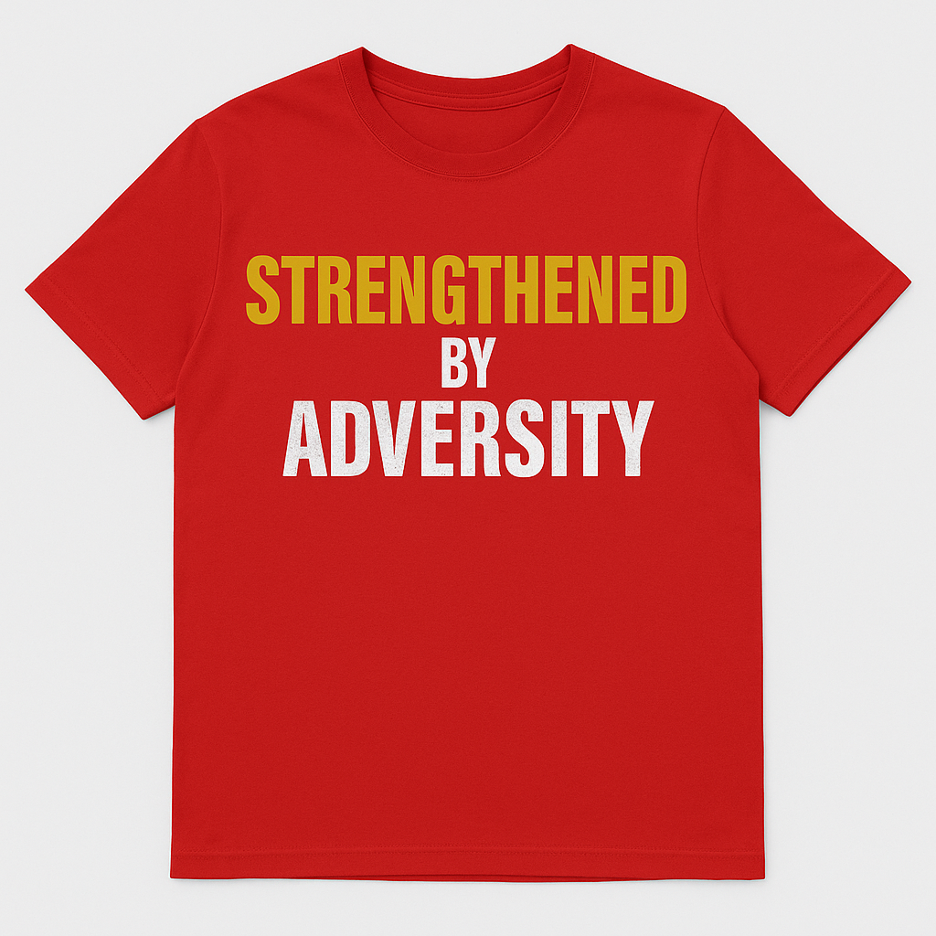 “Strengthened by Adversity” Motivational Tee – Unisex | Gold & White Distressed Design