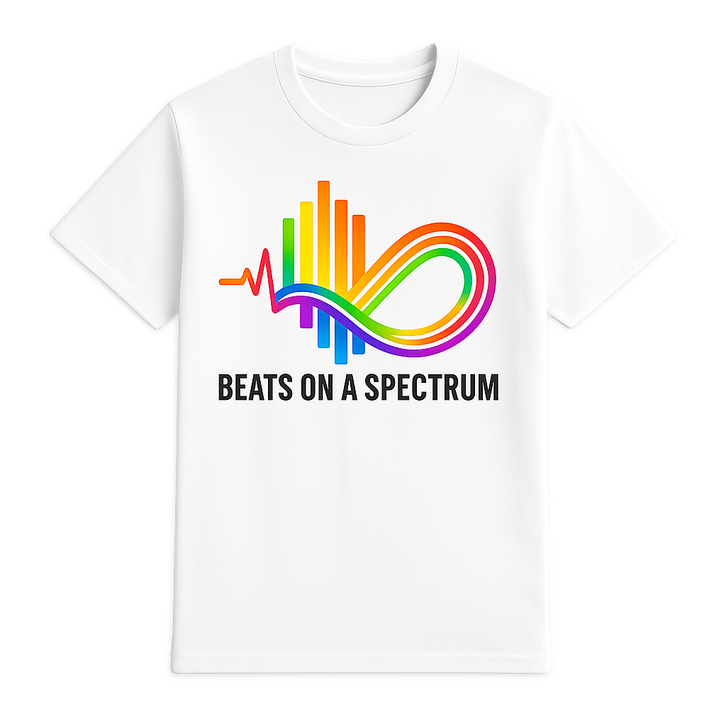 White t-shirt with rainbow graphic and 'Beats on a Spectrum' text on a white background