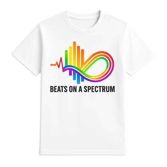 White t-shirt with rainbow graphic and 'Beats on a Spectrum' text on a white background